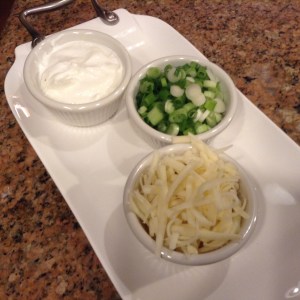 Serve with sour cream, scallions and monterey jack cheese on the side.