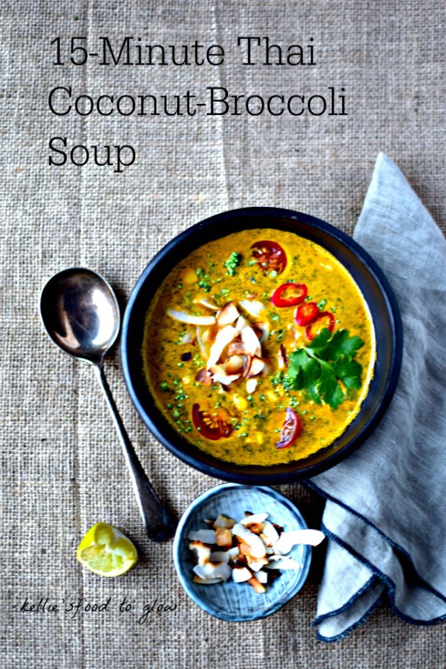 A 15-minute vegan take on the Thai dish, tom kha kai (chicken coconut soup). A green soup in disguise. 
